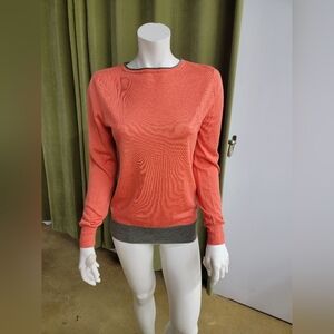 Dries Van Noten Coral Long-Sleeve Crewneck Sweater with Gray Trim